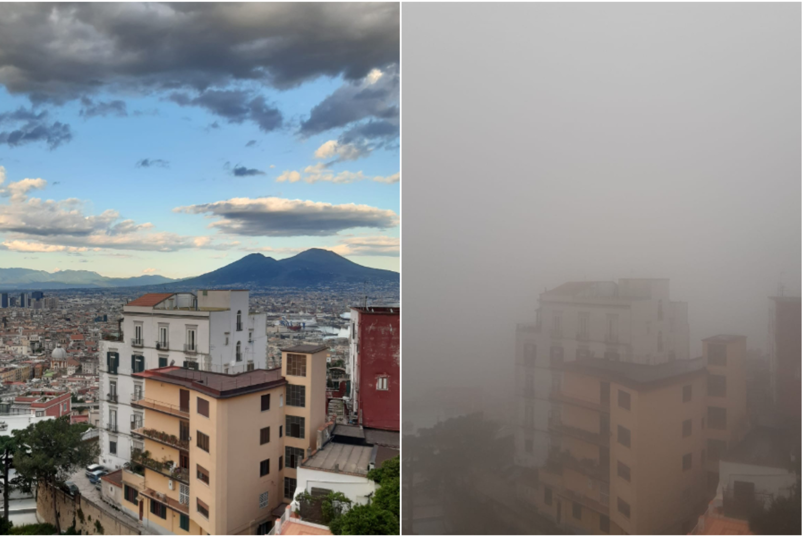 Naples and Mount Vesuvius on a clear day versus shrouded in haze