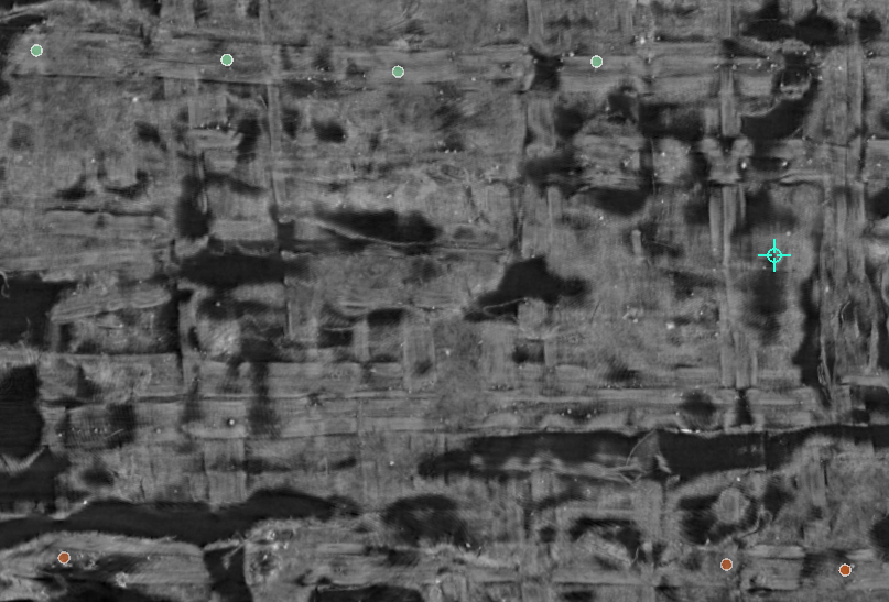 Two sparse sequences of points following papyrus fibers across a wider surface region