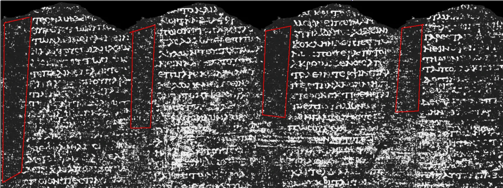 Several intercolumnar gaps outlined in red between columns of papyrus text