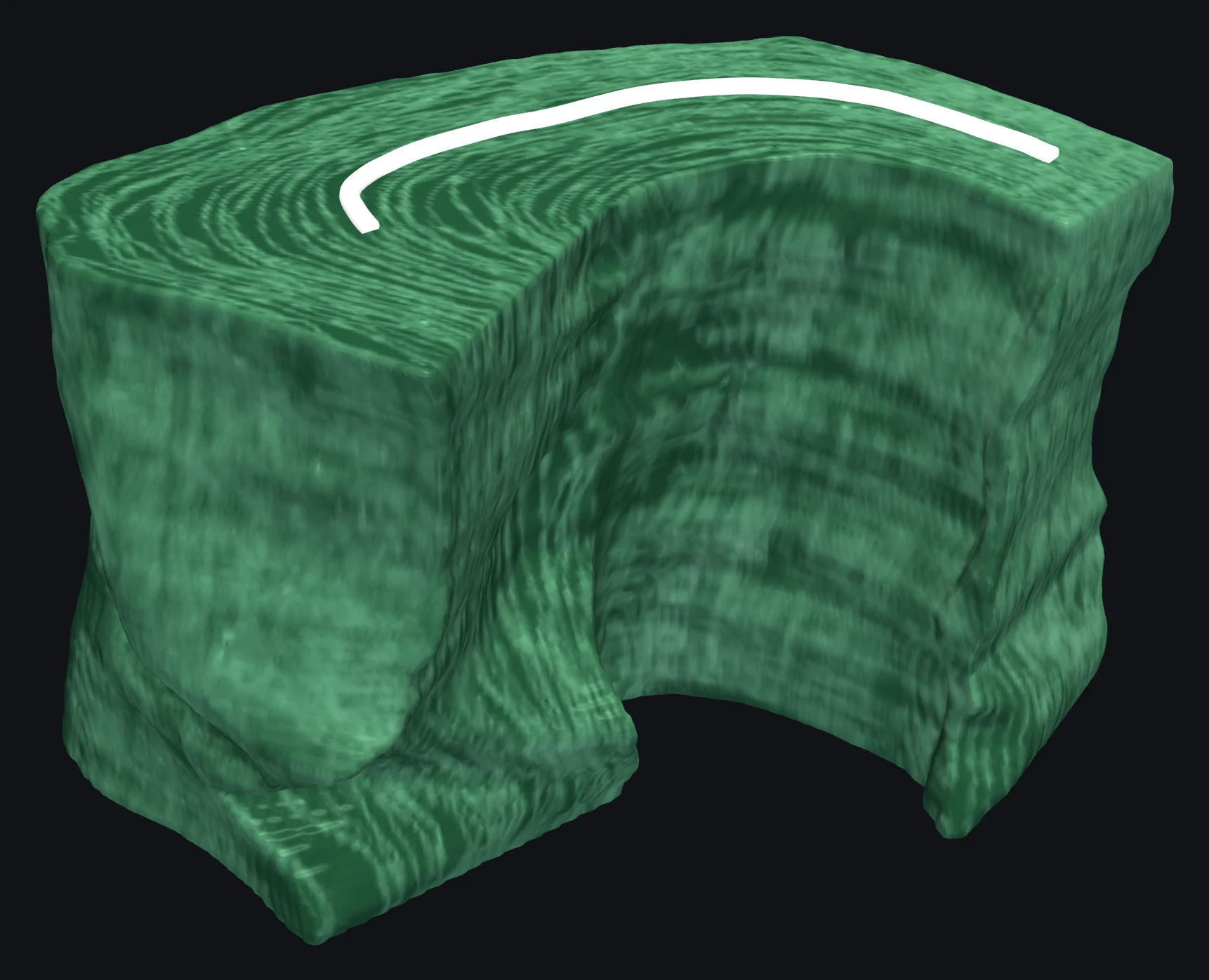 A single green 3D piece of the scroll, its top face showing evenly spaced windings that curve smoothly, with one white annotation line.