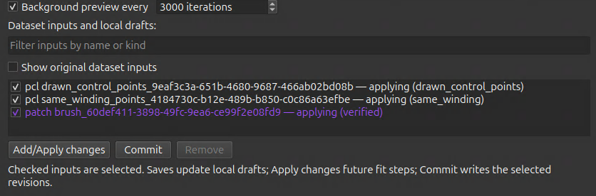 Input list showing drawing changes and the Add/Apply changes, Commit, and Remove buttons.
