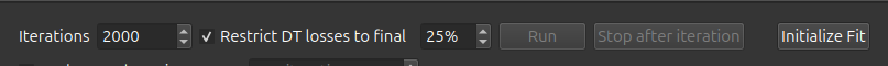 Run controls with Iterations set to 2000 and the Restrict DT losses to final checkbox enabled at 25%.