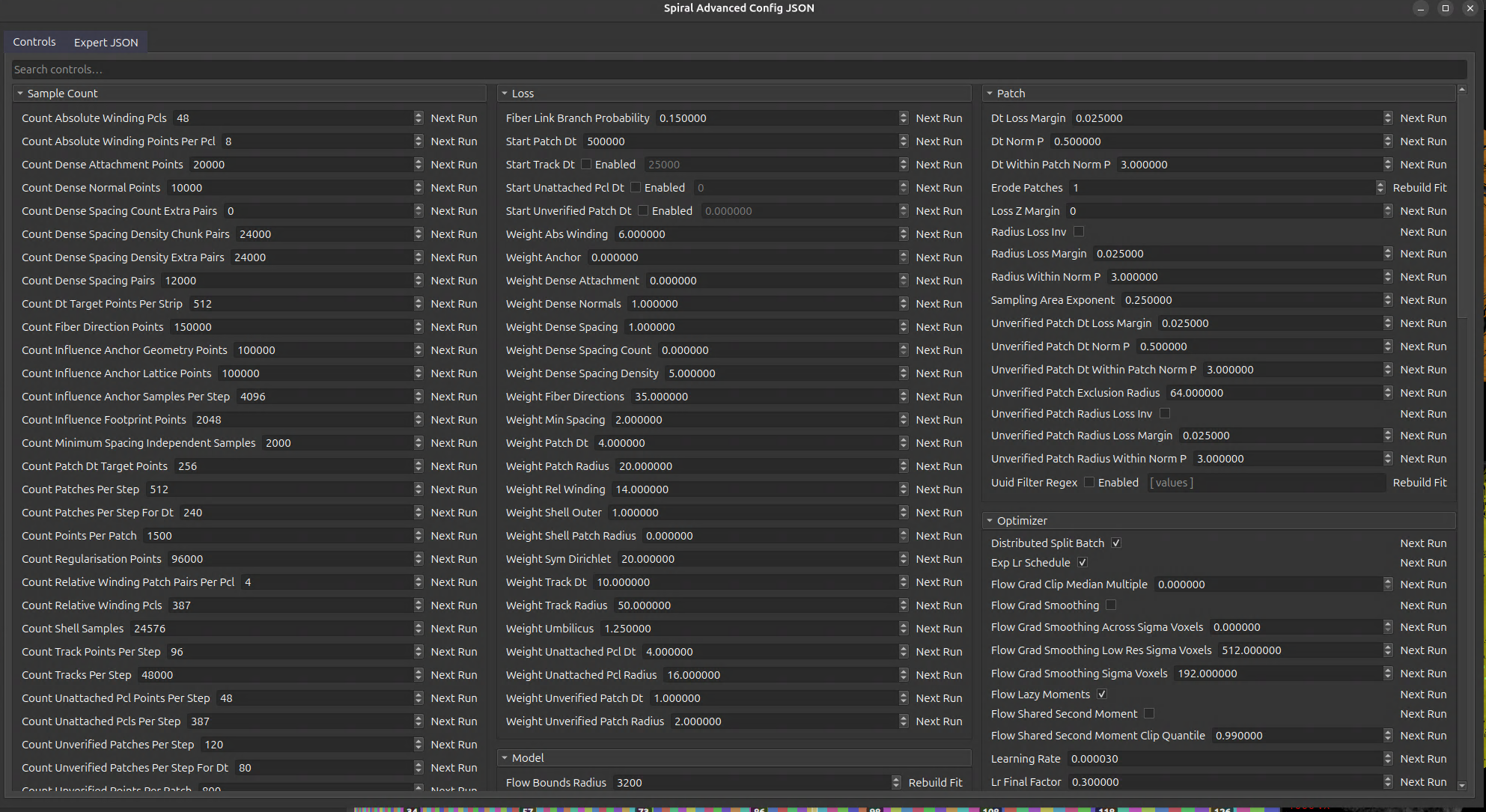 Spiral configuration dialog with sampling, loss, patch, and model settings.