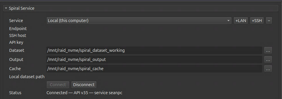 Spiral Service panel showing connection profiles, endpoint, SSH host, dataset, output, and cache fields.